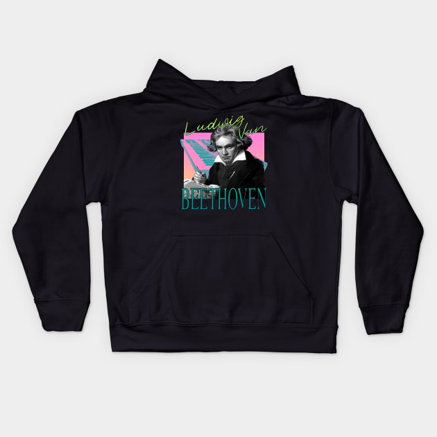 Ludwig Van Beethoven - Retro 80's Synth Wave Band Neon Aesthetic Kids Hoodie by blueversion